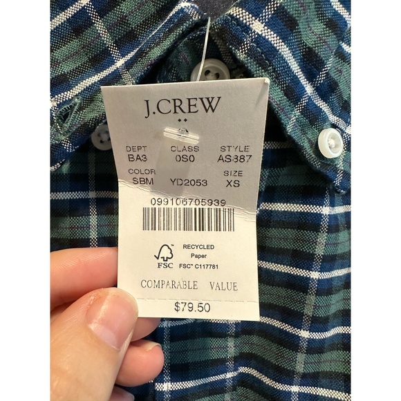 J.Crew Slim Flex Oxford Mens Plaid Button-Down Shirt Size XS Green Navy - Picture 5 of 6
